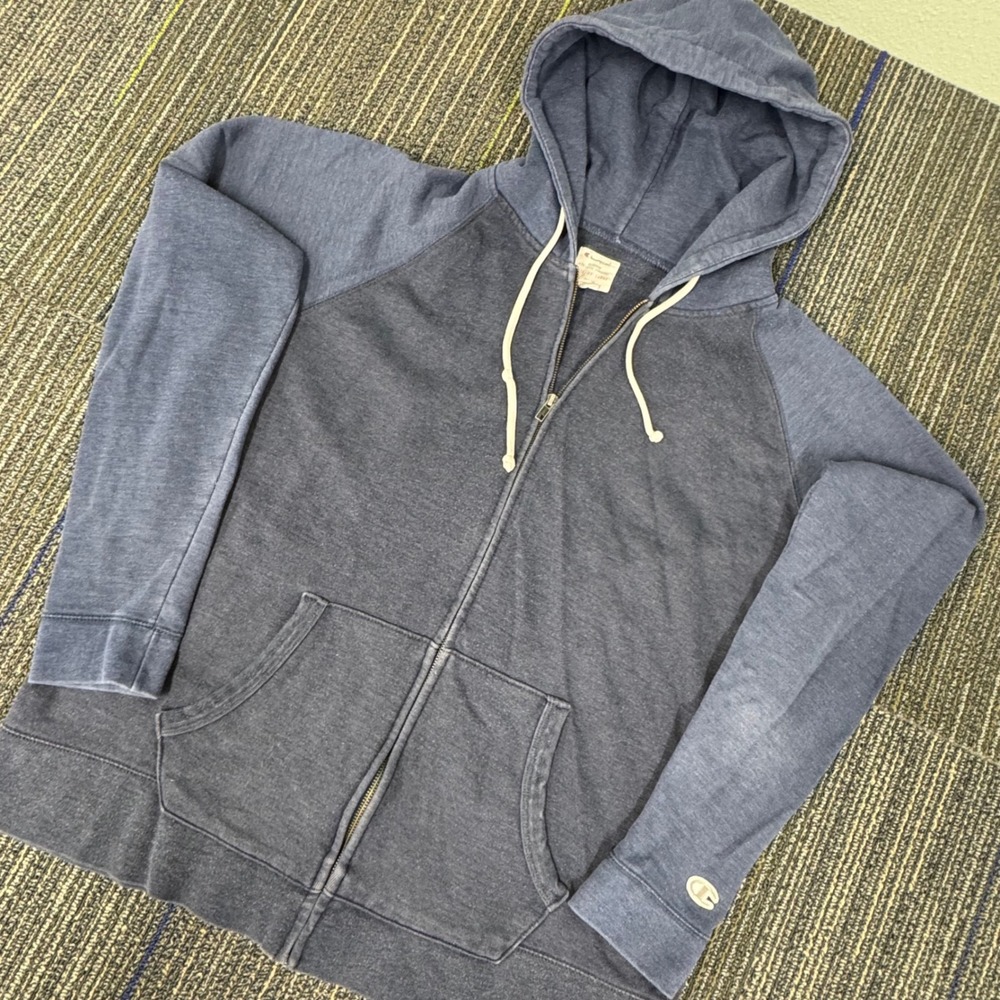 Champion Zip Up Hoodie Mens XXL Blue Excellent Raglan Sleeve Colorblock Fleece